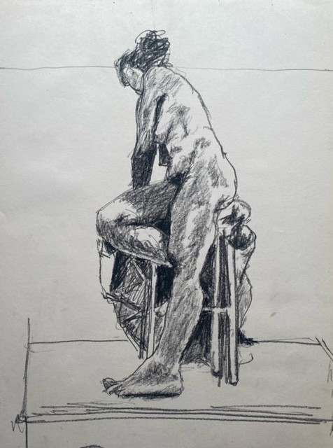 Model on stool, charcoal on paper